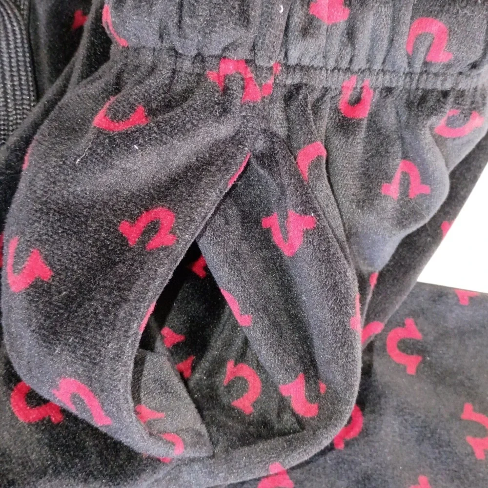 True Religion Mens Velour Pajama Pants Black Red Horseshoe Monogram Large Lounge